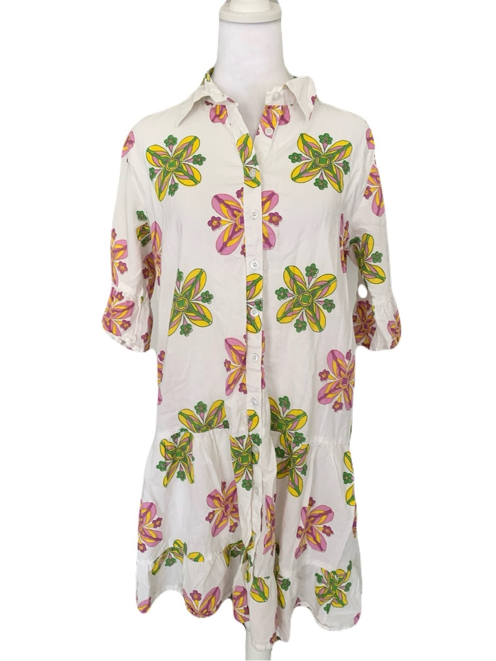 Victoria Dunn Small White Multicolor Floral Button Collared Mini Shirt Dress